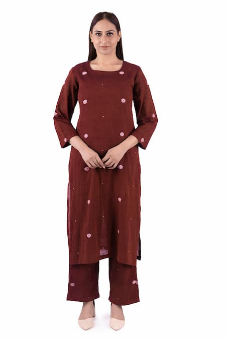 Shop_Khat_Red , Handloom Embroidery Round Floral Pattern Handwoven Kurta Set _Online_at_Aza_Fashions