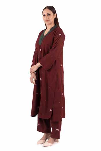 Shop_Khat_Red Handloom , Embroidery Floral Woven Kurta And Pant Co-ord Set _Online_at_Aza_Fashions