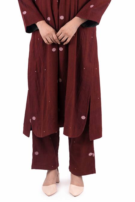 Shop_Khat_Red , Handloom Embroidery Floral Woven Pattern Kurta Pant Set _Online_at_Aza_Fashions