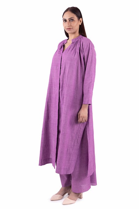 Khat_Purple Handloom Cotton Bandeau Neck Handwoven Checkered Kurta And Pant Set _Online_at_Aza_Fashions
