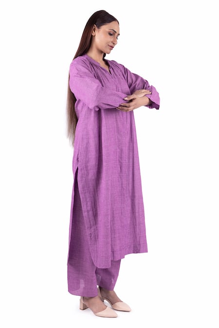 Buy_Khat_Purple Handloom Cotton Bandeau Neck Handwoven Checkered Kurta And Pant Set _Online_at_Aza_Fashions
