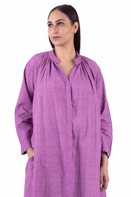 Shop_Khat_Purple Handloom Cotton Bandeau Neck Handwoven Checkered Kurta And Pant Set _Online_at_Aza_Fashions