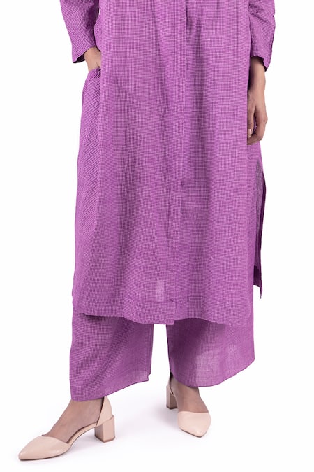 Khat_Purple Handloom Cotton Bandeau Neck Handwoven Checkered Kurta And Pant Set _at_Aza_Fashions