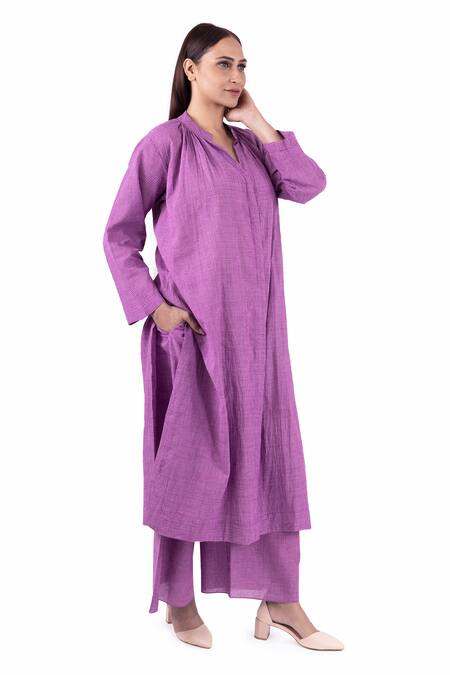 Buy_Khat_Purple Handloom Cotton Bandeau Neck Handwoven Checkered Kurta And Pant Set 