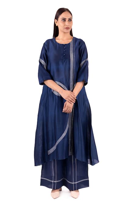 Khat Blue , Silk Embroidery Round Neck Pantone Thread Anarkali Set Online at Aza Fashions Khat_Blue , Silk Embroidery Round Neck Pantone Thread Anarkali Set _Online_at_Aza_Fashions