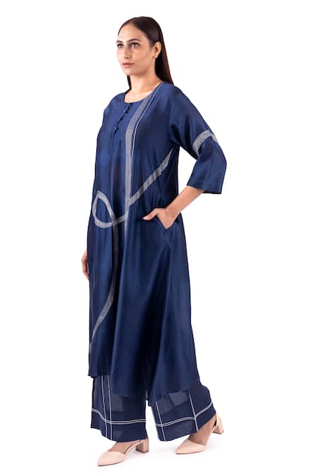 Khat_Blue Chanderi Silk Embroidery Round Neck Pantone Thread Anarkali Palazzo Set _Online_at_Aza_Fashions