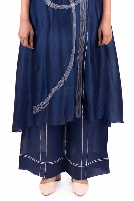 Buy_Khat_Blue Chanderi Silk Embroidery Round Neck Pantone Thread Anarkali Palazzo Set _Online_at_Aza_Fashions