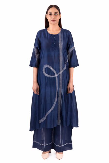 Shop_Khat_Blue Chanderi Silk Embroidery Round Neck Pantone Thread Anarkali Palazzo Set _Online_at_Aza_Fashions