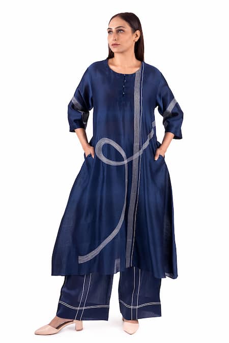 Khat_Blue Chanderi Silk Embroidery Round Neck Pantone Thread Anarkali Palazzo Set _at_Aza_Fashions