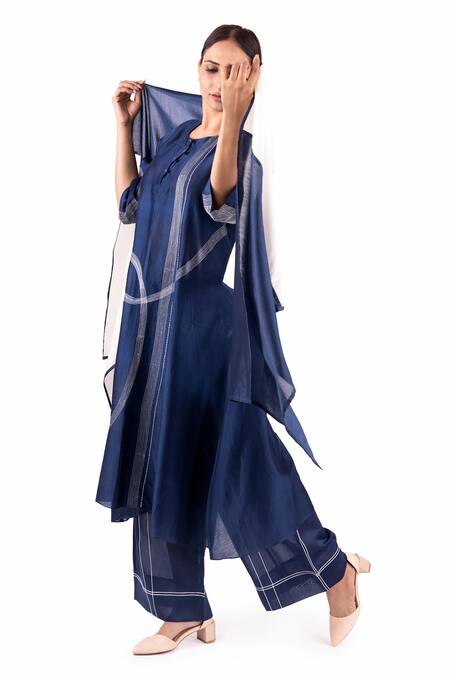 Buy_Khat_Blue Chanderi Silk Embroidery Round Neck Pantone Thread Anarkali Palazzo Set 