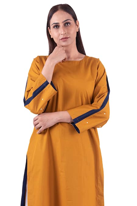 Khat_Yellow Poplin, Cotton Round Polka And Side Tape Print High Low Kurta With Palazzo _Online_at_Aza_Fashions