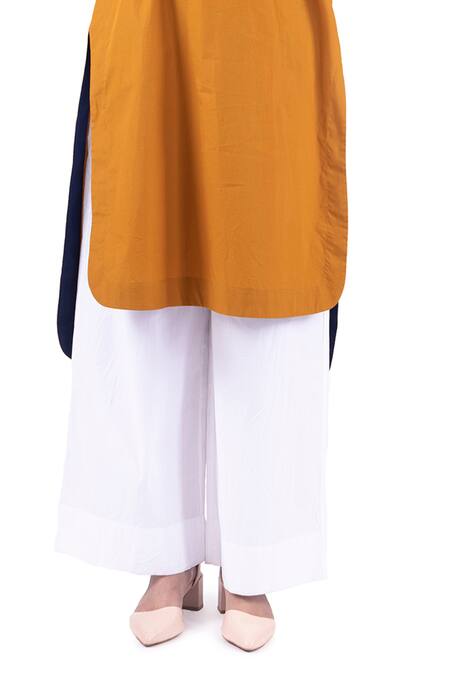 Buy_Khat_Yellow Poplin, Cotton Round Polka And Side Tape Print High Low Kurta With Palazzo _Online_at_Aza_Fashions