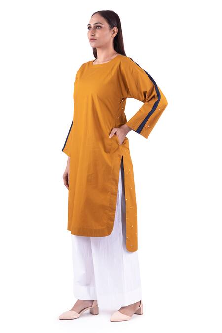 Shop_Khat_Yellow Poplin, Cotton Round Polka And Side Tape Print High Low Kurta With Palazzo _Online_at_Aza_Fashions