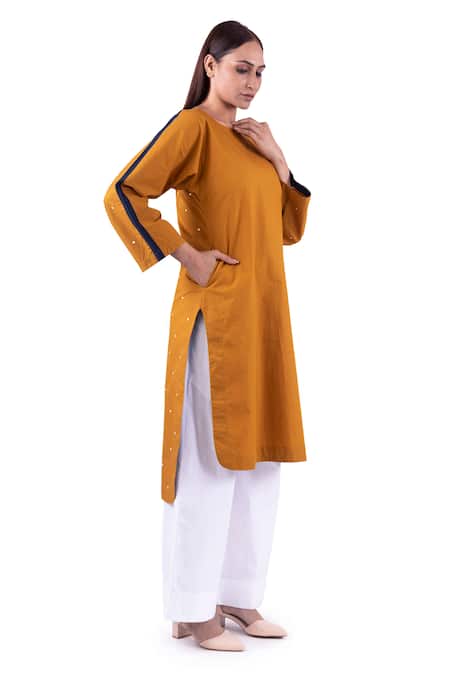 Khat_Yellow Poplin, Cotton Round Polka And Side Tape Print High Low Kurta With Palazzo _at_Aza_Fashions