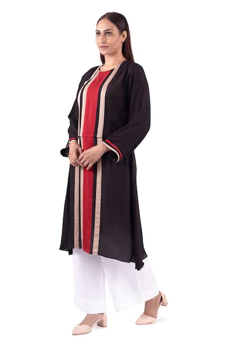 Buy_Khat_Black Crepe, Silk, Cotton, Poplin Round Juliet Tape Pattern Kurta With Palazzo _Online_at_Aza_Fashions