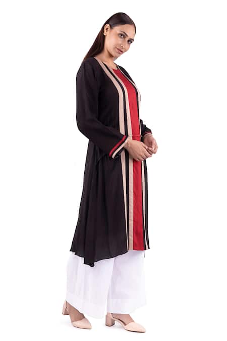 Khat_Black Crepe, Silk, Cotton, Poplin Round Juliet Tape Pattern Kurta With Palazzo _at_Aza_Fashions