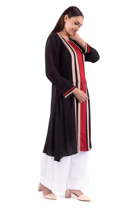 Buy_Khat_Black Crepe, Silk, Cotton, Poplin Round Juliet Tape Pattern Kurta With Palazzo 