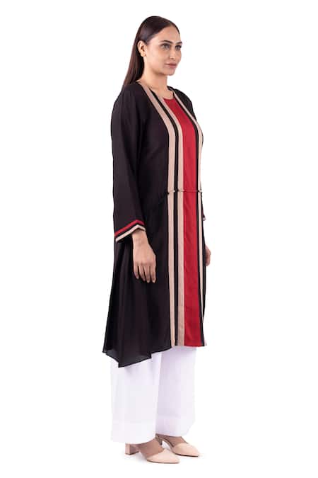 Shop_Khat_Black Crepe, Silk, Cotton, Poplin Round Juliet Tape Pattern Kurta With Palazzo 