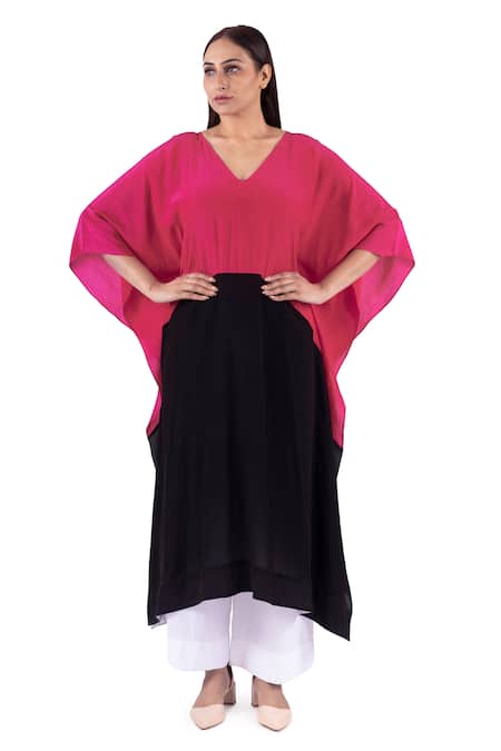 Buy_Khat_Black Crepe, Cotton, Poplin, Silk V-neck Color Blocked Kaftan Set _Online_at_Aza_Fashions
