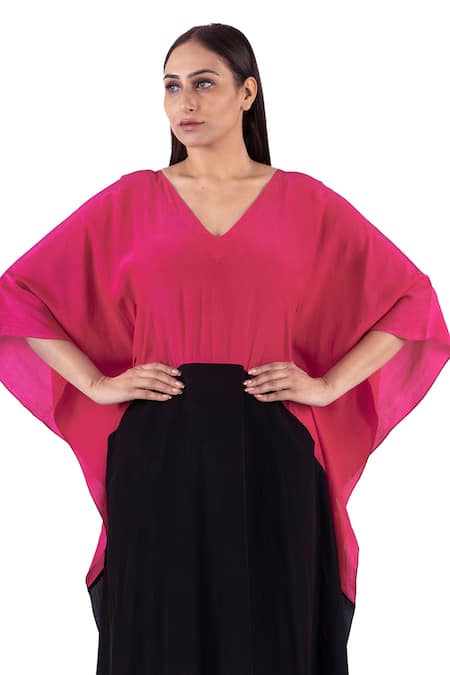 Shop_Khat_Black Crepe, Cotton, Poplin, Silk V-neck Color Blocked Kaftan Set _Online_at_Aza_Fashions