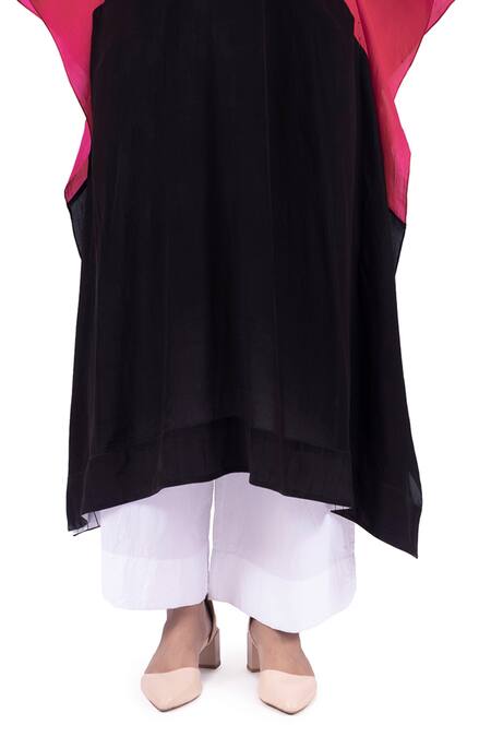 Khat_Black Crepe, Cotton, Poplin, Silk V-neck Color Blocked Kaftan Set _at_Aza_Fashions