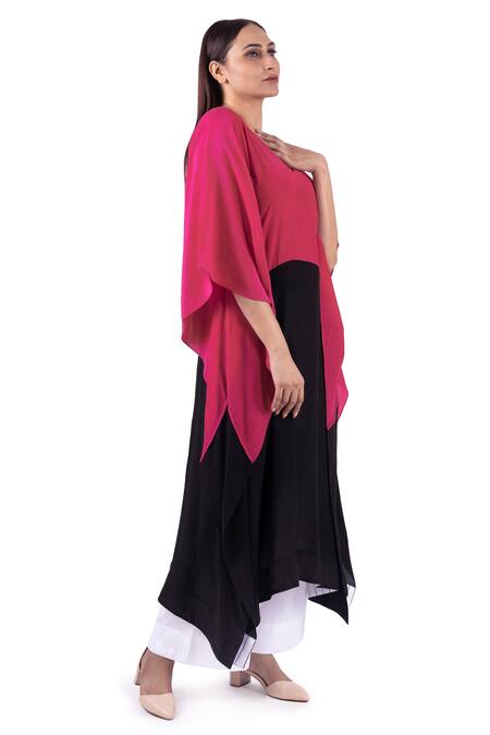 Buy_Khat_Black Crepe, Cotton, Poplin, Silk V-neck Color Blocked Kaftan Set 