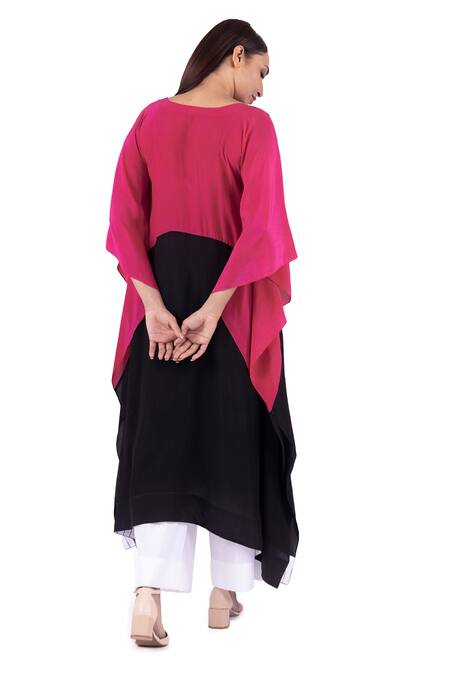 Shop_Khat_Black Crepe, Cotton, Poplin, Silk V-neck Color Blocked Kaftan Set _at_Aza_Fashions