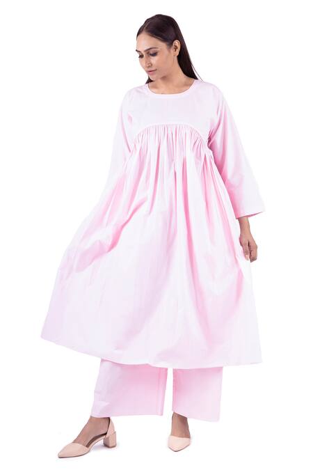Khat Pink Poplin, Cotton Round Neck Solid Gathered Anarkali With Palazzo Online at Aza Fashions Khat_Pink Poplin, Cotton Round Neck Solid Gathered Anarkali With Palazzo _Online_at_Aza_Fashions
