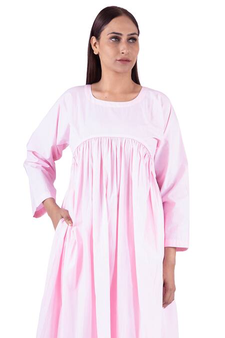 Shop Khat Pink Poplin, Cotton Round Neck Solid Gathered Anarkali With Palazzo Online at Aza Fashions Shop_Khat_Pink Poplin, Cotton Round Neck Solid Gathered Anarkali With Palazzo _Online_at_Aza_Fashions