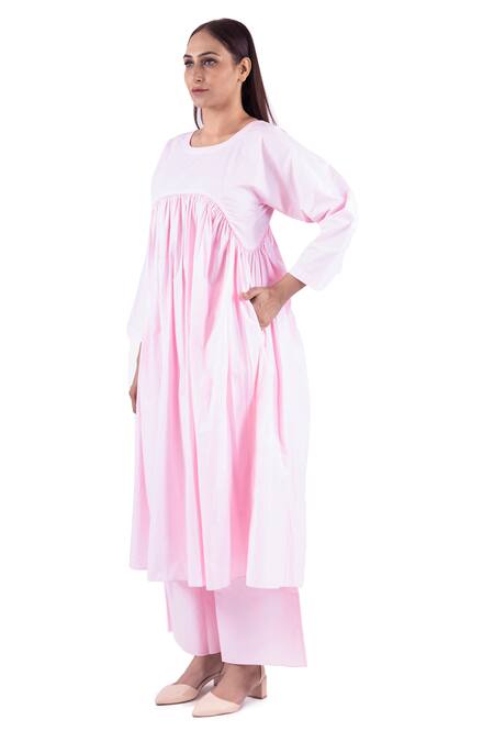 Buy Khat Pink Poplin, Cotton Round Neck Solid Gathered Anarkali With Palazzo Buy_Khat_Pink Poplin, Cotton Round Neck Solid Gathered Anarkali With Palazzo