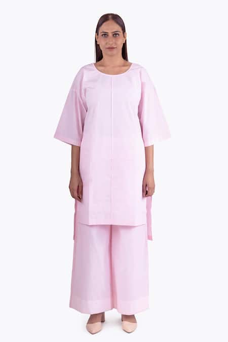 Khat_Pink Poplin, Cotton Round Neck Solid High Low Over Joint Kurta With Palazzo _Online_at_Aza_Fashions