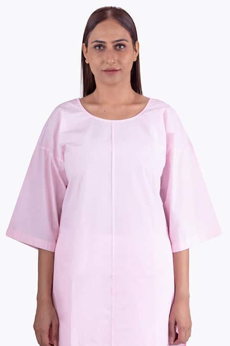 Buy_Khat_Pink Poplin, Cotton Round Neck Solid High Low Over Joint Kurta With Palazzo _Online_at_Aza_Fashions