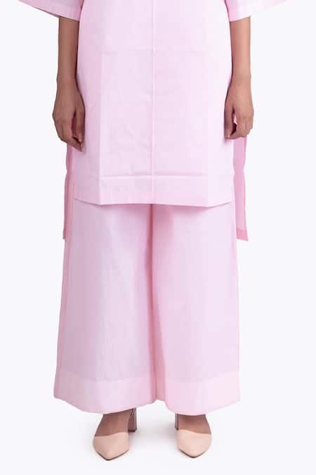 Shop_Khat_Pink Poplin, Cotton Round Neck Solid High Low Over Joint Kurta With Palazzo _Online_at_Aza_Fashions