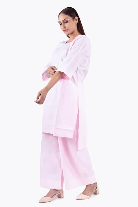 Khat_Pink Poplin, Cotton Round Neck Solid High Low Over Joint Kurta With Palazzo _at_Aza_Fashions