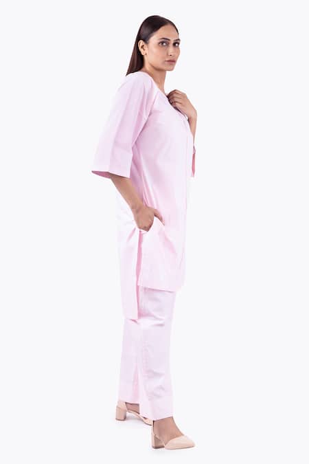 Buy_Khat_Pink Poplin, Cotton Round Neck Solid High Low Over Joint Kurta With Palazzo 
