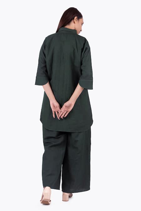 Shop Khat Green Linen Collared Plain Long Shirt With Palazzo Pant at Aza Fashions Shop_Khat_Green Linen Collared Plain Long Shirt With Palazzo Pant _at_Aza_Fashions