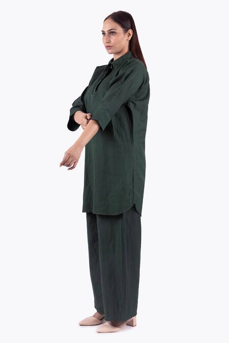 Khat Green Linen Collared Plain Long Shirt With Palazzo Pant Online at Aza Fashions Khat_Green Linen Collared Plain Long Shirt With Palazzo Pant _Online_at_Aza_Fashions
