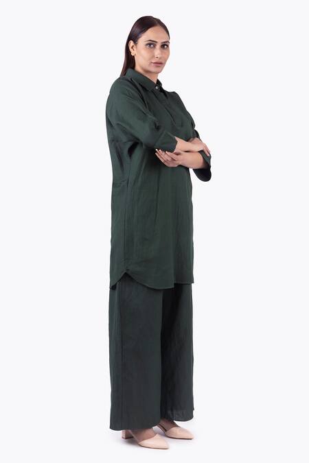 Buy Khat Green Linen Collared Plain Long Shirt With Palazzo Pant Online at Aza Fashions Buy_Khat_Green Linen Collared Plain Long Shirt With Palazzo Pant _Online_at_Aza_Fashions