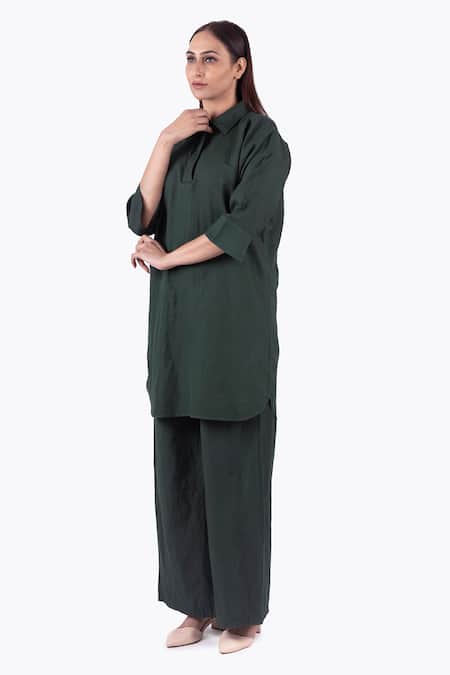 Shop Khat Green Linen Collared Plain Long Shirt With Palazzo Pant Online at Aza Fashions Shop_Khat_Green Linen Collared Plain Long Shirt With Palazzo Pant _Online_at_Aza_Fashions