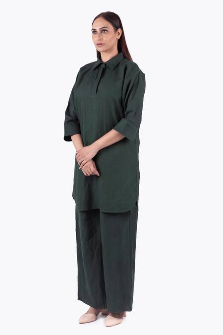 Khat Green Linen Collared Plain Long Shirt With Palazzo Pant at Aza Fashions Khat_Green Linen Collared Plain Long Shirt With Palazzo Pant _at_Aza_Fashions