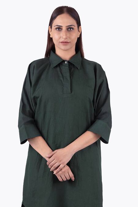 Buy Khat Green Linen Collared Plain Long Shirt With Palazzo Pant Buy_Khat_Green Linen Collared Plain Long Shirt With Palazzo Pant
