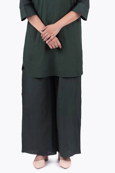 Shop Khat Green Linen Collared Plain Long Shirt With Palazzo Pant Shop_Khat_Green Linen Collared Plain Long Shirt With Palazzo Pant