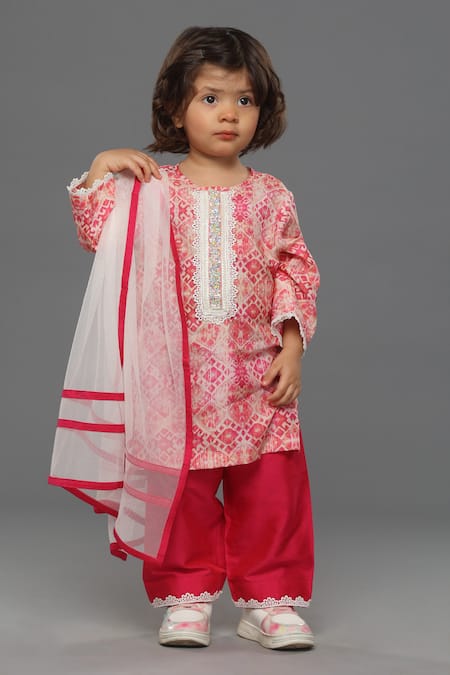 Para Pink Muslin Silk Printed And Embroidered Moroccan Kurta Palazzo Set 