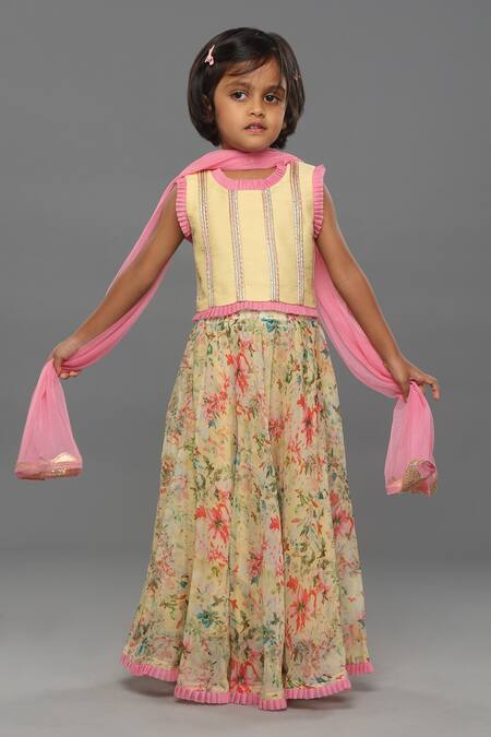 Para_Yellow Spun Silk Printed And Embroidered Blossom & Gota Work Lehenga Set_Online_at_Aza_Fashions