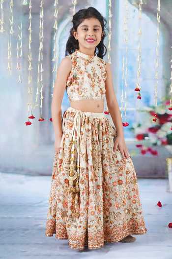 Little Bansi_Cream Cotton, Georgette, Net Embroidery, Lace, Floral Lehenga Blouse Set _Online_at_Aza_Fashions