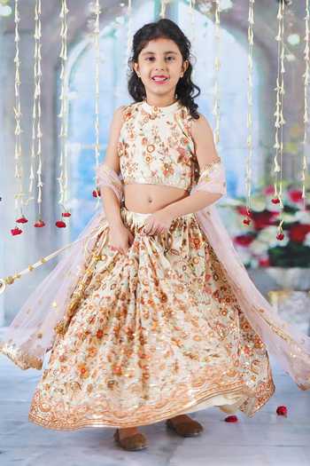 Buy_Little Bansi_Cream Cotton, Georgette, Net Embroidery, Lace, Floral Lehenga Blouse Set _Online_at_Aza_Fashions
