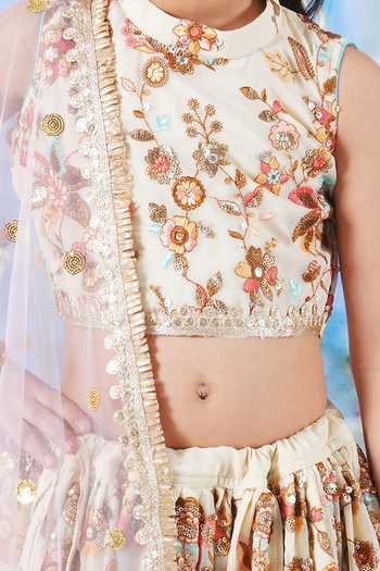 Shop_Little Bansi_Cream Cotton, Georgette, Net Embroidery, Lace, Floral Lehenga Blouse Set _Online_at_Aza_Fashions