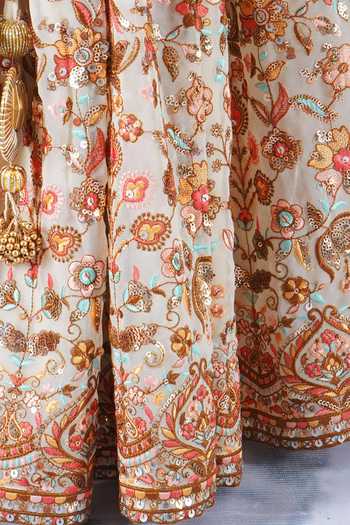 Little Bansi_Cream Cotton, Georgette, Net Embroidery, Lace, Floral Lehenga Blouse Set _at_Aza_Fashions