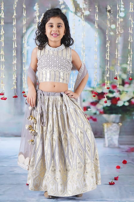 Little Bansi Grey Blouse Cotton And Georgette Embroidered Geometric Lehenga Set 