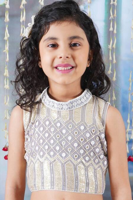 Shop Little Bansi Grey Georgette, Cotton, Net Sequins, Geometric Embroidery Lehenga Blouse Set Online at Aza Fashions Shop_Little Bansi_Grey Georgette, Cotton, Net Sequins, Geometric Embroidery Lehenga Blouse Set _Online_at_Aza_Fashions